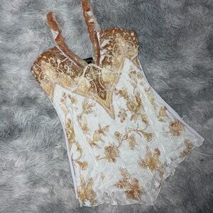 Vintage Y2K Vanity Lace Floral Burnout Cami Top Cream Gold Metallic Size Small
